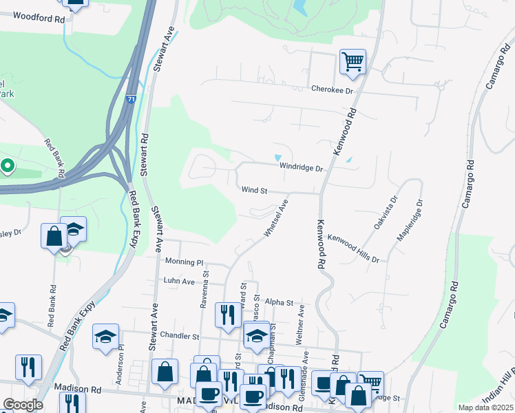 map of restaurants, bars, coffee shops, grocery stores, and more near 5912 Woodland Lane in Cincinnati
