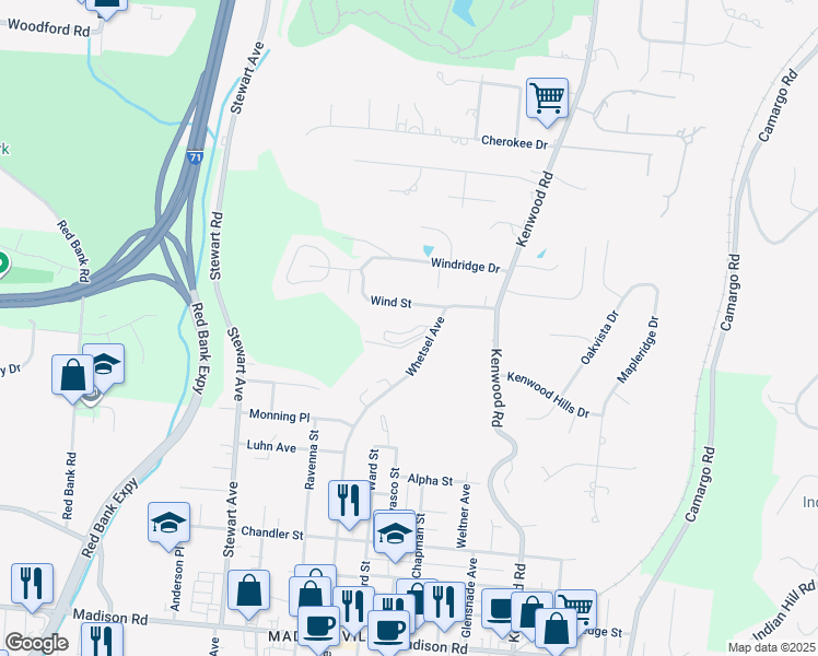 map of restaurants, bars, coffee shops, grocery stores, and more near 5957 Woodland Lane in Cincinnati