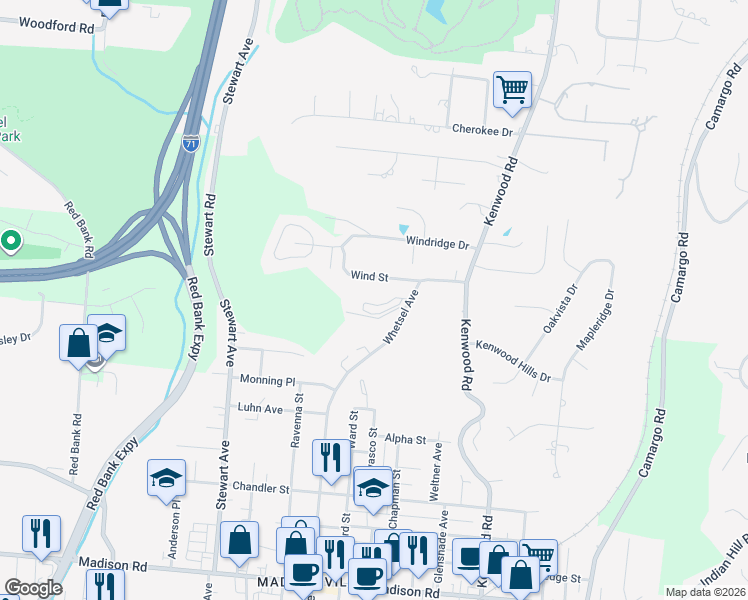 map of restaurants, bars, coffee shops, grocery stores, and more near 5957 Woodland Lane in Cincinnati