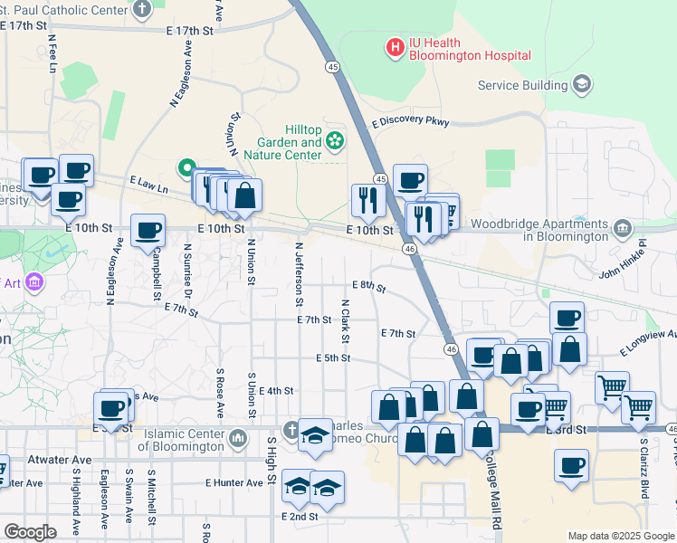 map of restaurants, bars, coffee shops, grocery stores, and more near 2400 East 8th Street in Bloomington