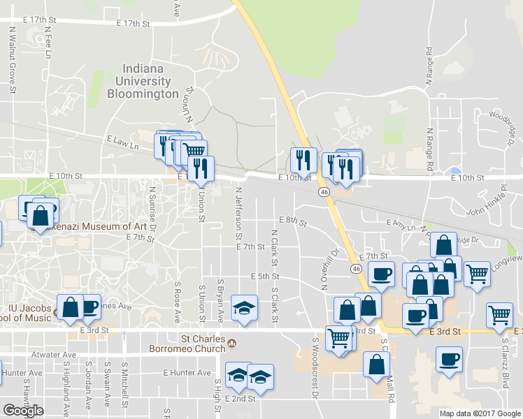 map of restaurants, bars, coffee shops, grocery stores, and more near 403 North Roosevelt Street in Bloomington