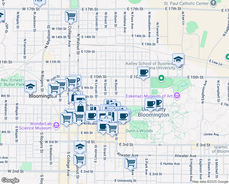 map of restaurants, bars, coffee shops, grocery stores, and more near 418 East 8th Street in Bloomington