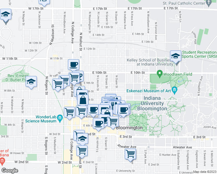 map of restaurants, bars, coffee shops, grocery stores, and more near 418 East 8th Street in Bloomington