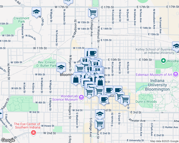 map of restaurants, bars, coffee shops, grocery stores, and more near 319 North College Avenue in Bloomington