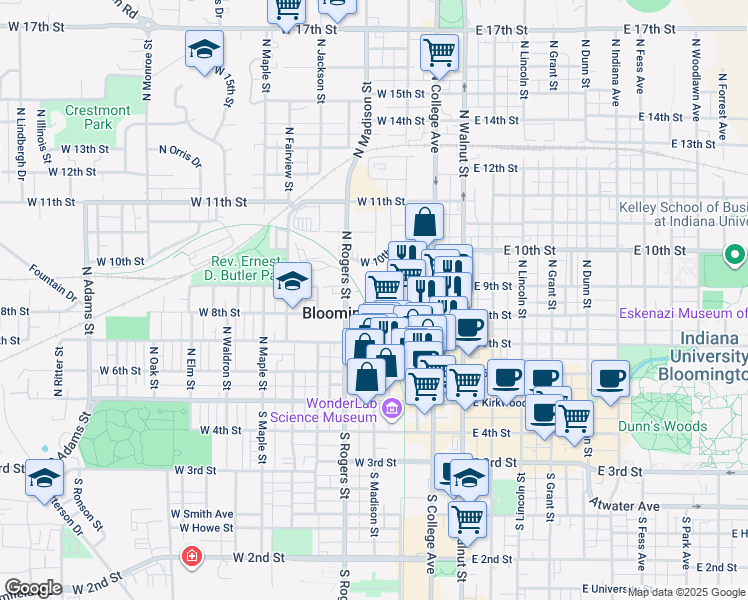 map of restaurants, bars, coffee shops, grocery stores, and more near in Bloomington