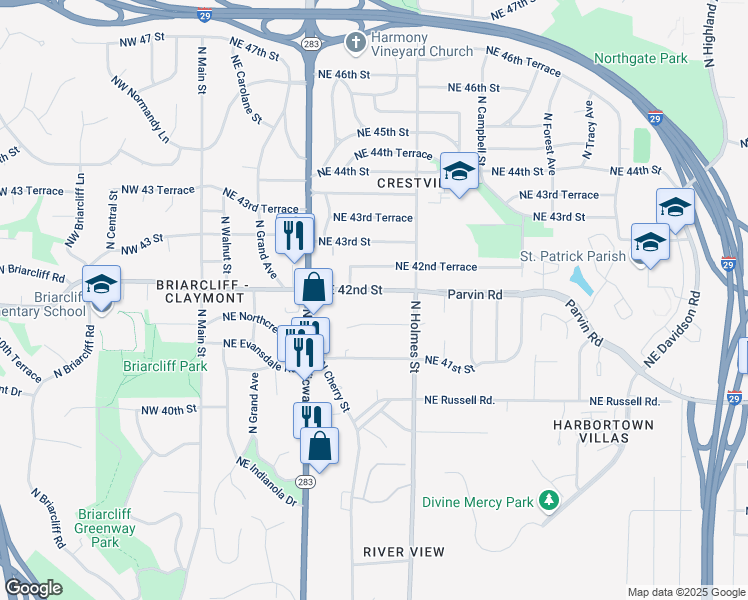 map of restaurants, bars, coffee shops, grocery stores, and more near 614 Northeast 41st Terrace in Kansas City