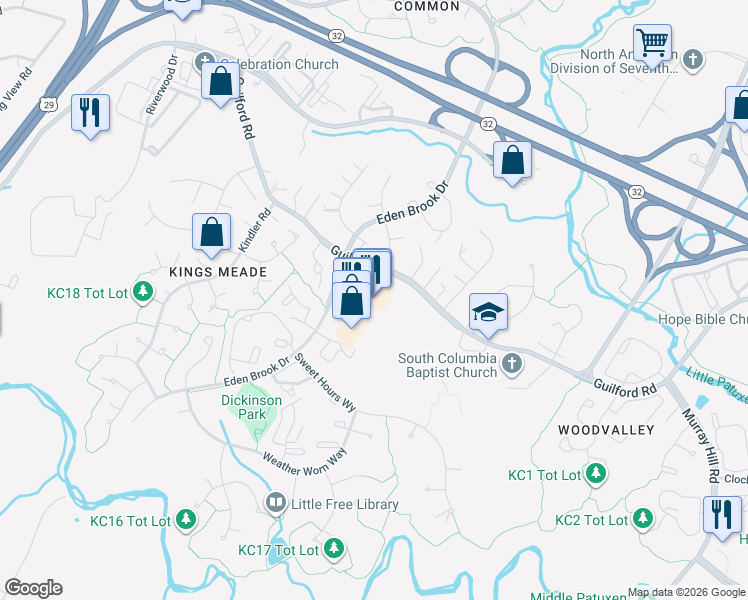 map of restaurants, bars, coffee shops, grocery stores, and more near 8620 Guilford Road in Columbia