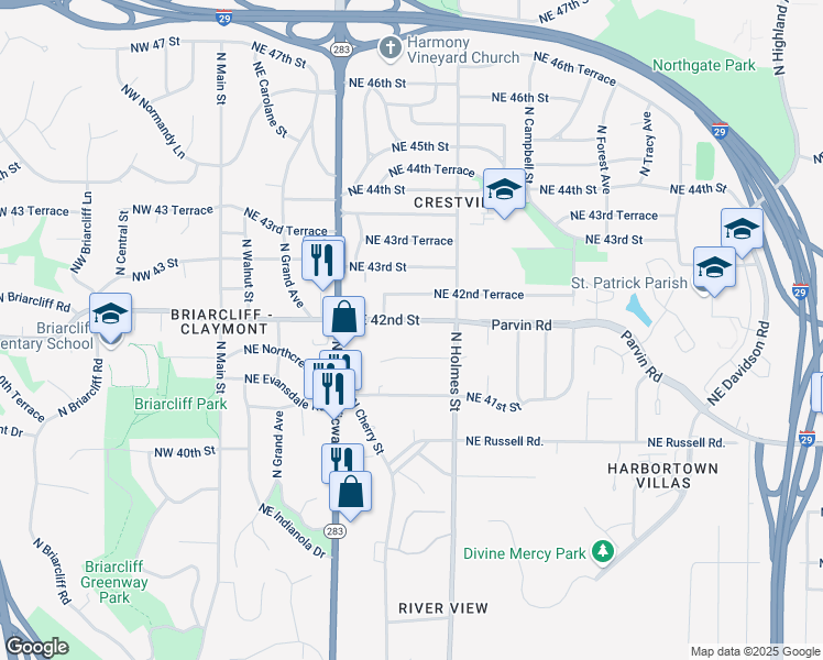 map of restaurants, bars, coffee shops, grocery stores, and more near 614 Northeast 41st Terrace in Kansas City