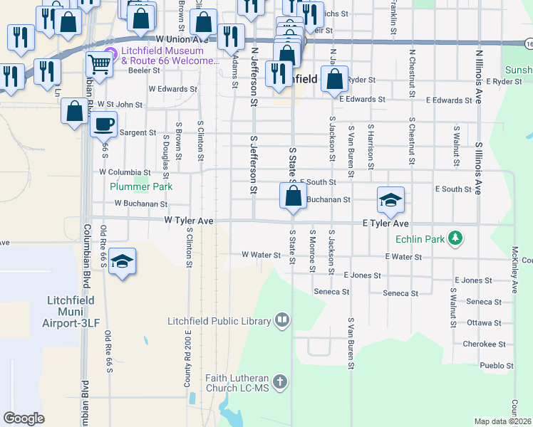 map of restaurants, bars, coffee shops, grocery stores, and more near 124 West Tyler Avenue in Litchfield