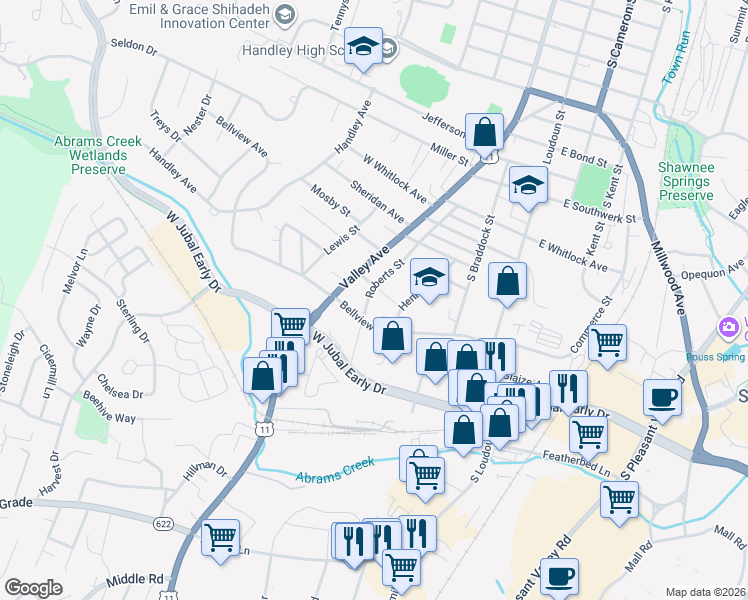 map of restaurants, bars, coffee shops, grocery stores, and more near 210 Bellview Avenue in Winchester