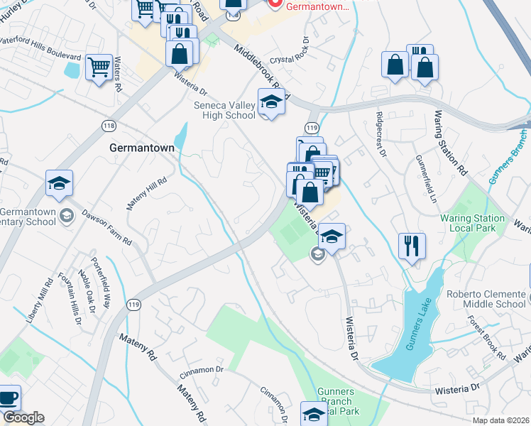 map of restaurants, bars, coffee shops, grocery stores, and more near 19228 Circle Gate Drive in Germantown