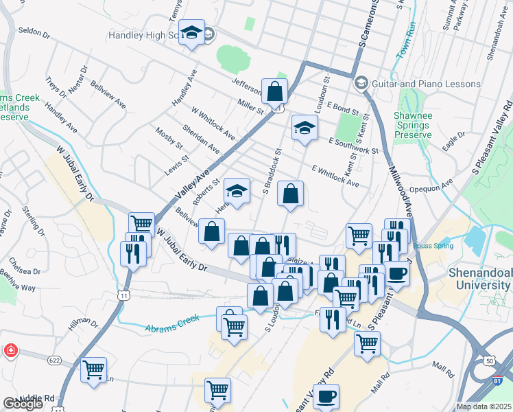 map of restaurants, bars, coffee shops, grocery stores, and more near 1640 South Braddock Street in Winchester