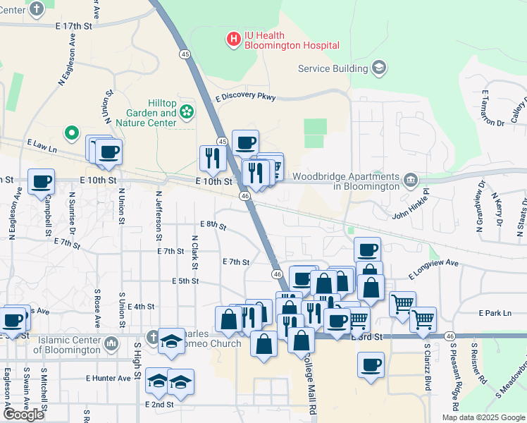 map of restaurants, bars, coffee shops, grocery stores, and more near 2553 Eastgate Lane in Bloomington