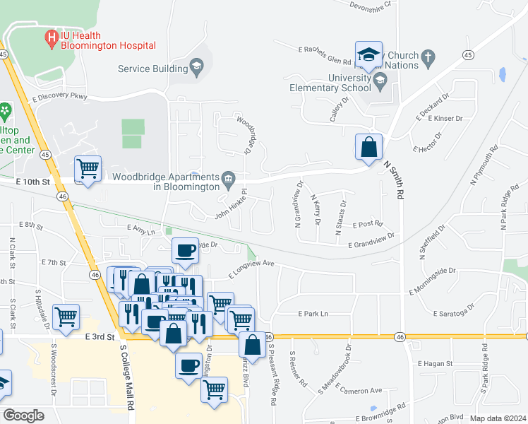 map of restaurants, bars, coffee shops, grocery stores, and more near 800 Bell Trace Circle in Bloomington