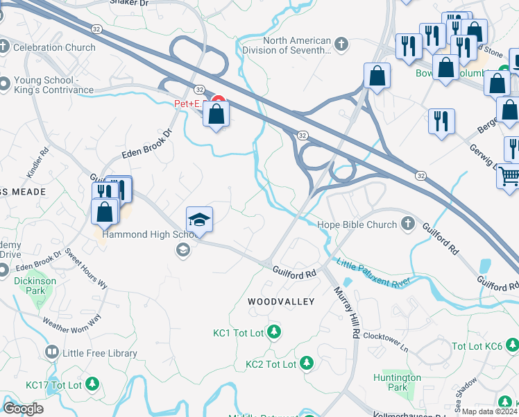 map of restaurants, bars, coffee shops, grocery stores, and more near 8896 Stonebrook Lane in Columbia