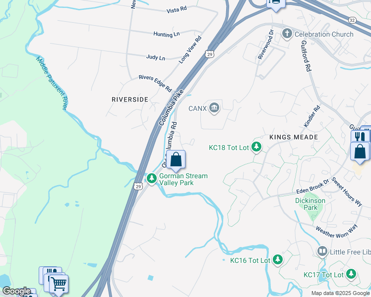 map of restaurants, bars, coffee shops, grocery stores, and more near 7327E Rocky Creek Drive in Columbia