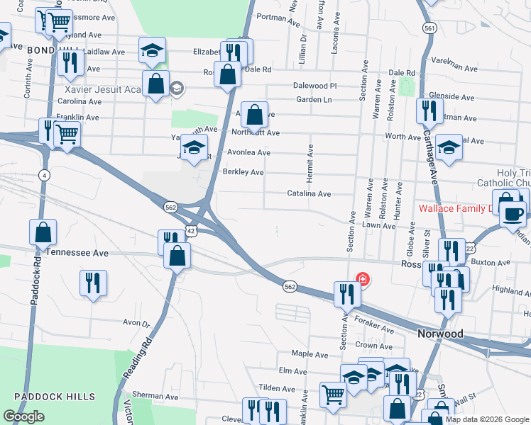 map of restaurants, bars, coffee shops, grocery stores, and more near 1701 Mercy Health Place in Cincinnati