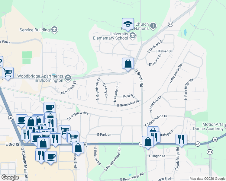 map of restaurants, bars, coffee shops, grocery stores, and more near 601 North Staats Drive in Bloomington