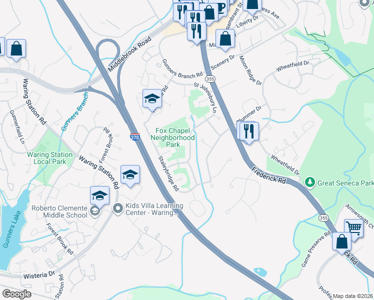 map of restaurants, bars, coffee shops, grocery stores, and more near 19144 Saint Johnsbury Lane in Germantown