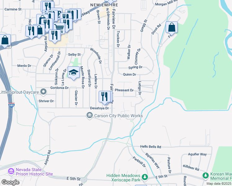 map of restaurants, bars, coffee shops, grocery stores, and more near 933 Woodside Drive in Carson City