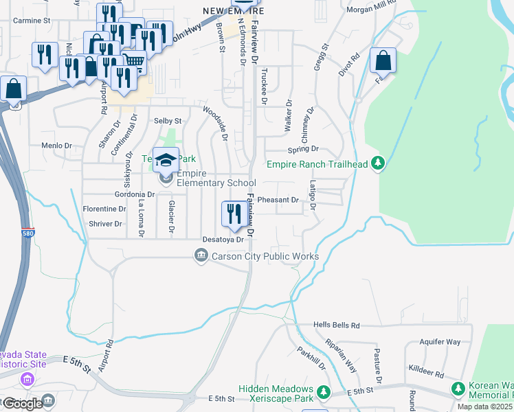 map of restaurants, bars, coffee shops, grocery stores, and more near 933 Woodside Drive in Carson City