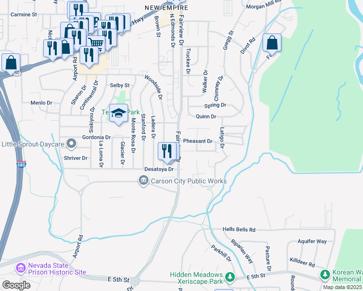 map of restaurants, bars, coffee shops, grocery stores, and more near 933 Woodside Drive in Carson City