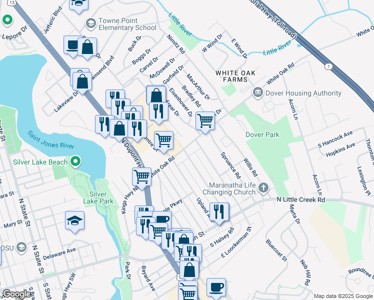 map of restaurants, bars, coffee shops, grocery stores, and more near 153 North Halsey Road in Dover