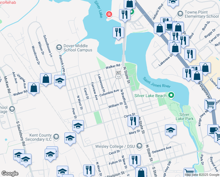 map of restaurants, bars, coffee shops, grocery stores, and more near 226 Columbia Avenue in Dover