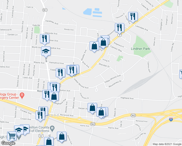 map of restaurants, bars, coffee shops, grocery stores, and more near 5308 Waltella Place in Cincinnati