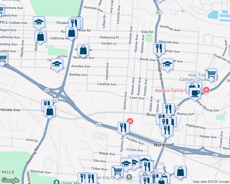 map of restaurants, bars, coffee shops, grocery stores, and more near 1945 Lawn Avenue in Cincinnati
