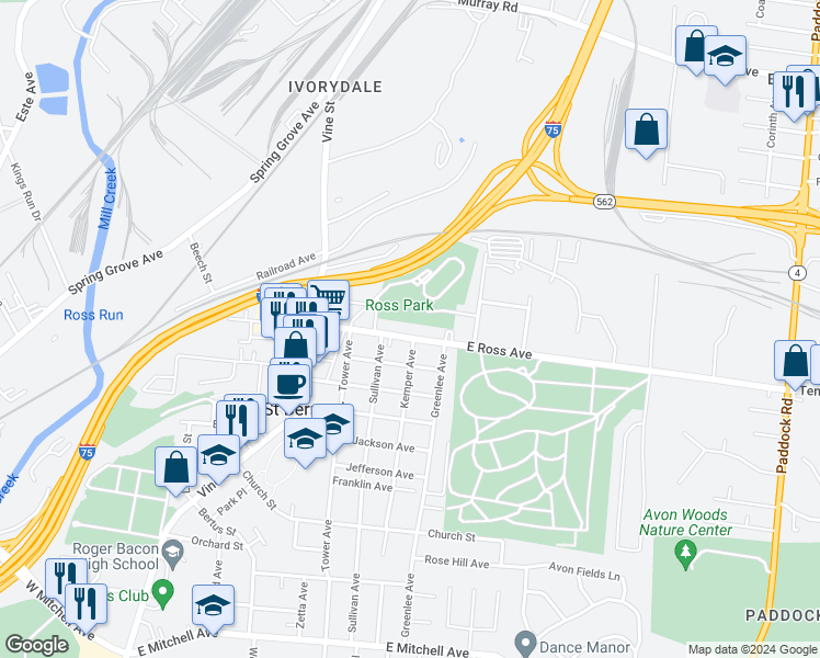 map of restaurants, bars, coffee shops, grocery stores, and more near 320 Cleveland Avenue in Cincinnati