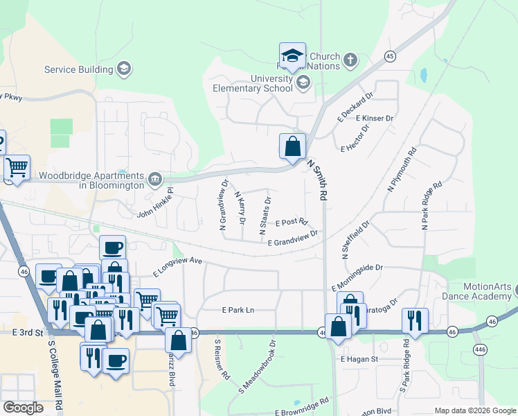 map of restaurants, bars, coffee shops, grocery stores, and more near 601 North Staats Drive in Bloomington
