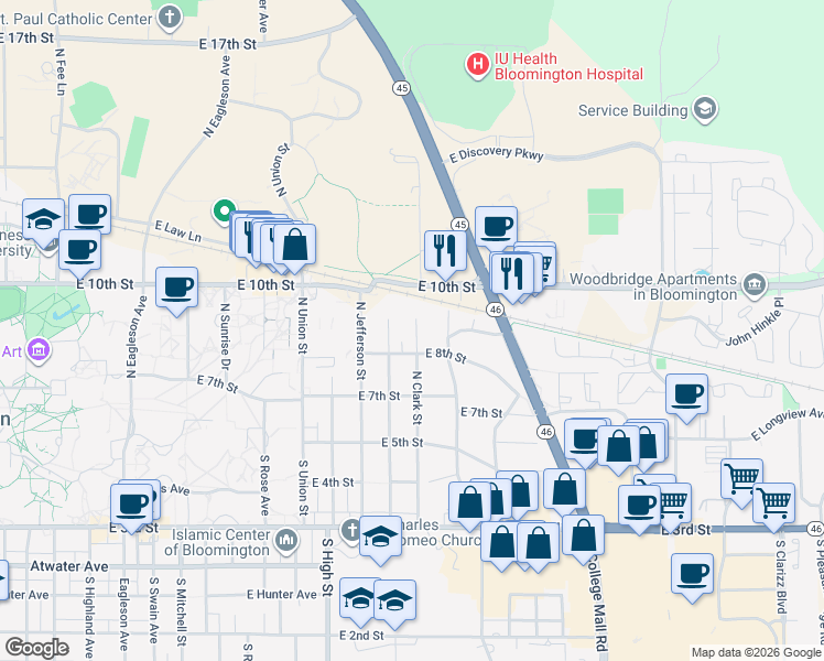 map of restaurants, bars, coffee shops, grocery stores, and more near 2400 East 8th Street in Bloomington