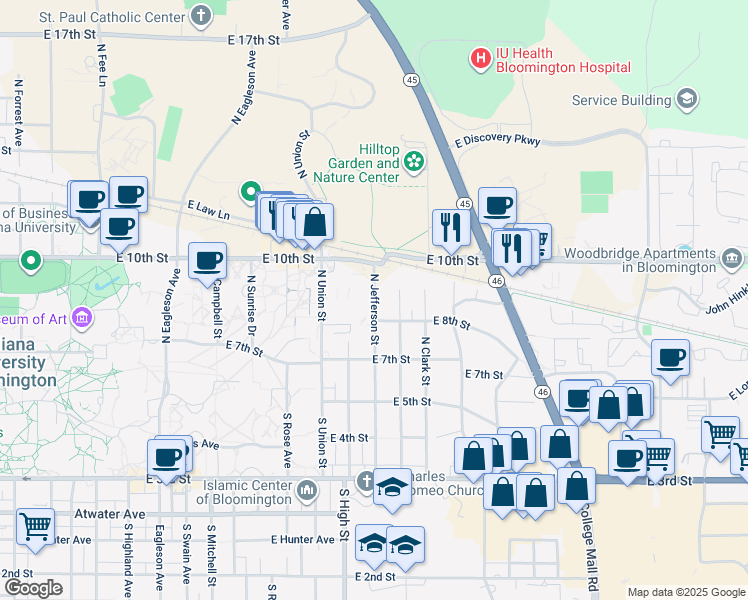 map of restaurants, bars, coffee shops, grocery stores, and more near 403 North Roosevelt Street in Bloomington