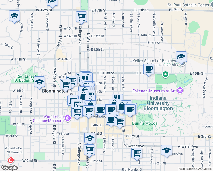 map of restaurants, bars, coffee shops, grocery stores, and more near 312 East 8th Street in Bloomington