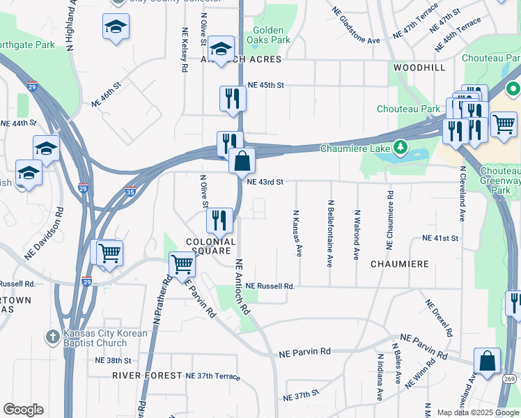 map of restaurants, bars, coffee shops, grocery stores, and more near 2600-2798,2601-2799 Northeast 42nd Street in Kansas City