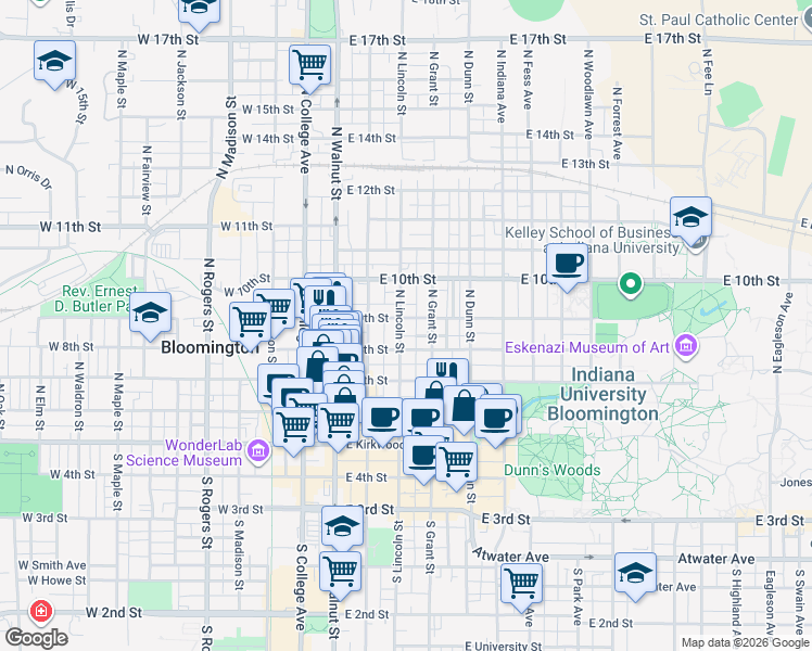map of restaurants, bars, coffee shops, grocery stores, and more near 312 East 8th Street in Bloomington