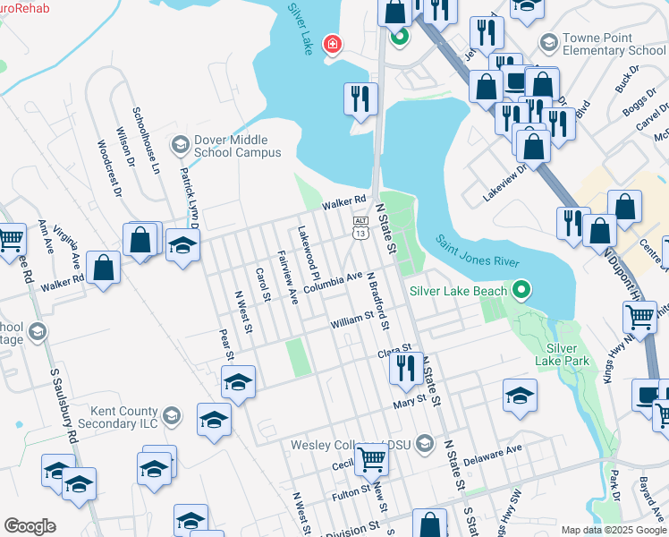 map of restaurants, bars, coffee shops, grocery stores, and more near 226 Columbia Avenue in Dover