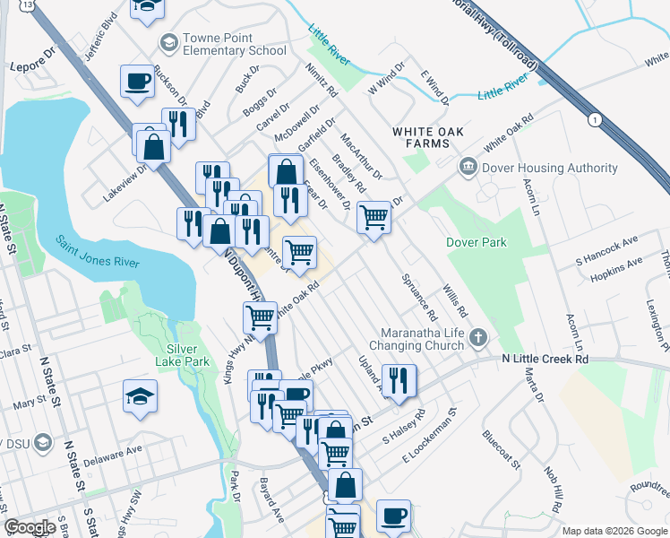 map of restaurants, bars, coffee shops, grocery stores, and more near 1000 White Oak Road in Dover