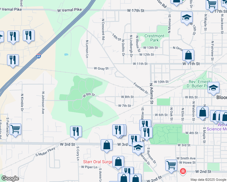 map of restaurants, bars, coffee shops, grocery stores, and more near 498 N Spring St in Bloomington