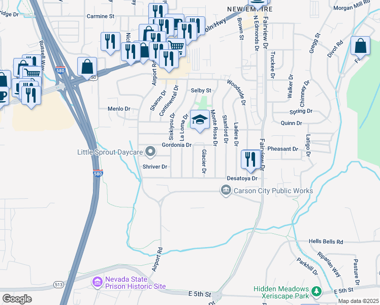 map of restaurants, bars, coffee shops, grocery stores, and more near 1260 Monte Rosa Drive in Carson City