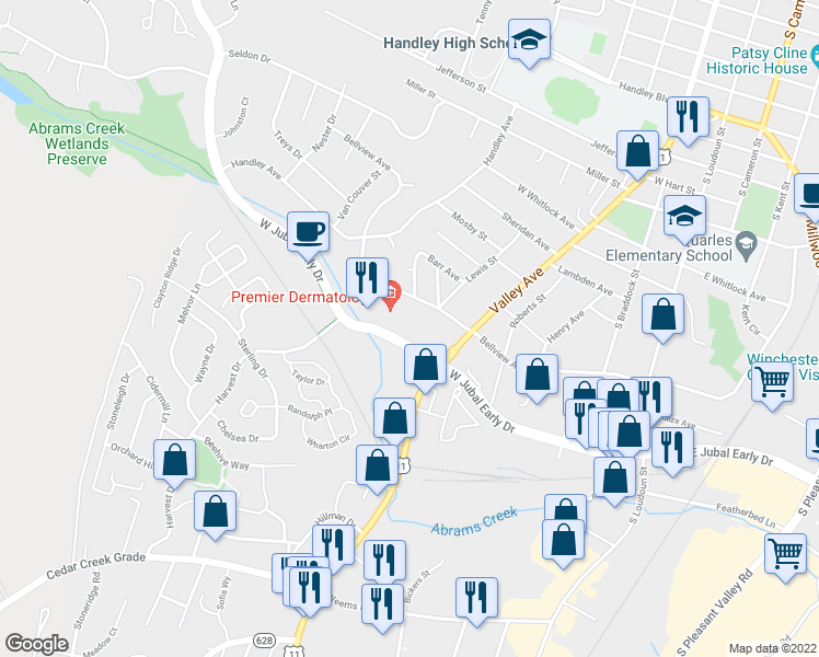 map of restaurants, bars, coffee shops, grocery stores, and more near 440 West Jubal Early Drive in Winchester