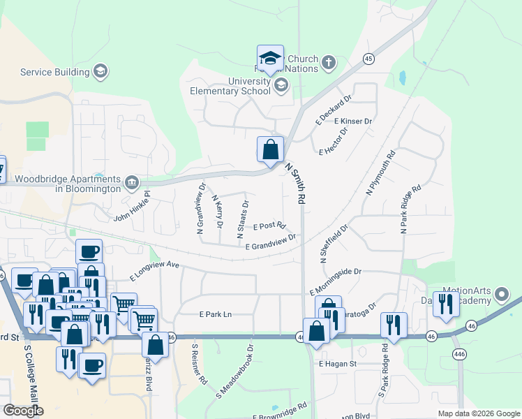 map of restaurants, bars, coffee shops, grocery stores, and more near 3607 East Hollywood Drive in Bloomington