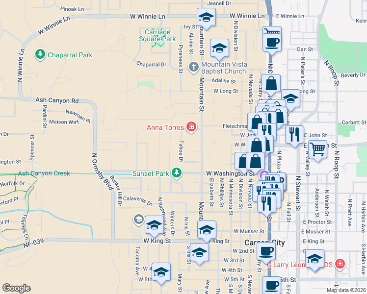map of restaurants, bars, coffee shops, grocery stores, and more near 247 Tahoe Drive in Carson City
