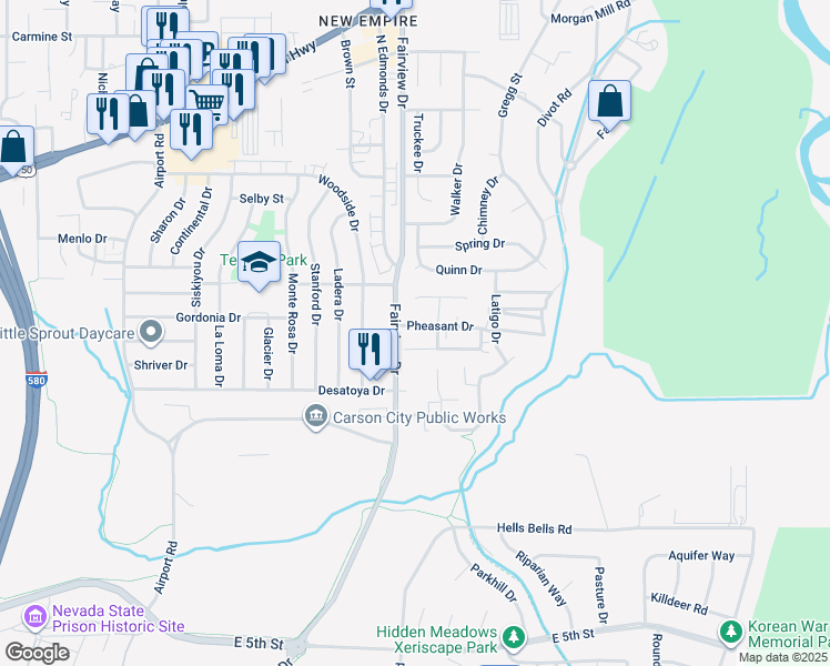 map of restaurants, bars, coffee shops, grocery stores, and more near 3919 Pheasant Drive in Carson City