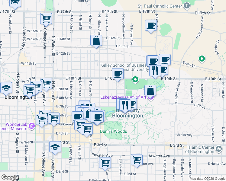 map of restaurants, bars, coffee shops, grocery stores, and more near in Bloomington