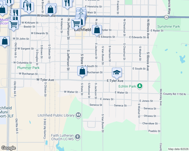 map of restaurants, bars, coffee shops, grocery stores, and more near 713 South Jackson Street in Litchfield
