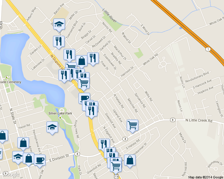 map of restaurants, bars, coffee shops, grocery stores, and more near 1017 White Oak Road in Dover