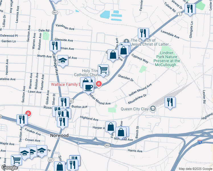 map of restaurants, bars, coffee shops, grocery stores, and more near in Norwood