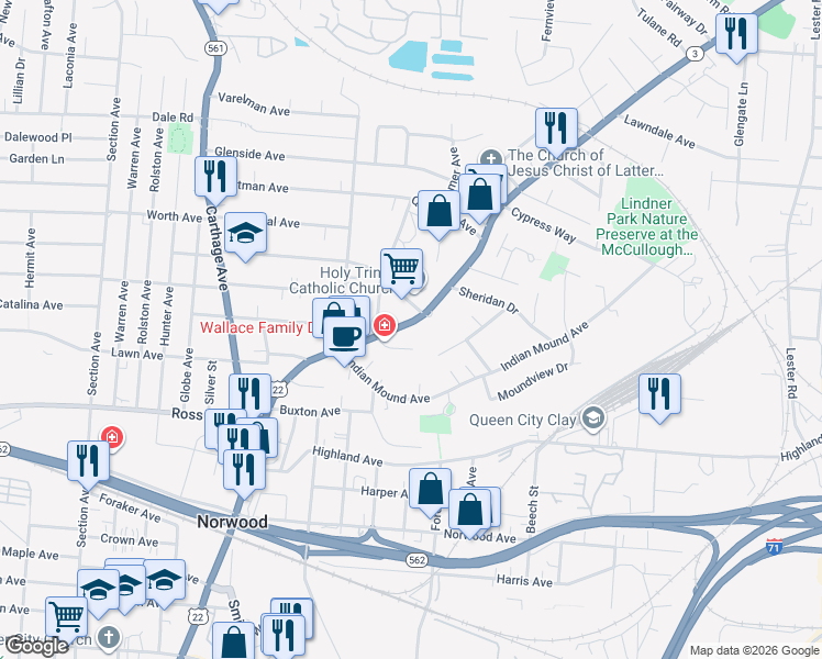 map of restaurants, bars, coffee shops, grocery stores, and more near in Norwood